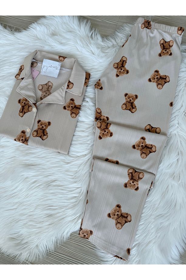 Ekru Ayıcık Desenli Kısa Kol Pegasus Pijama Takımı - 4