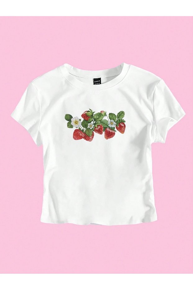 Women's Y2K Strawberry Printed Bayb Tee Crop