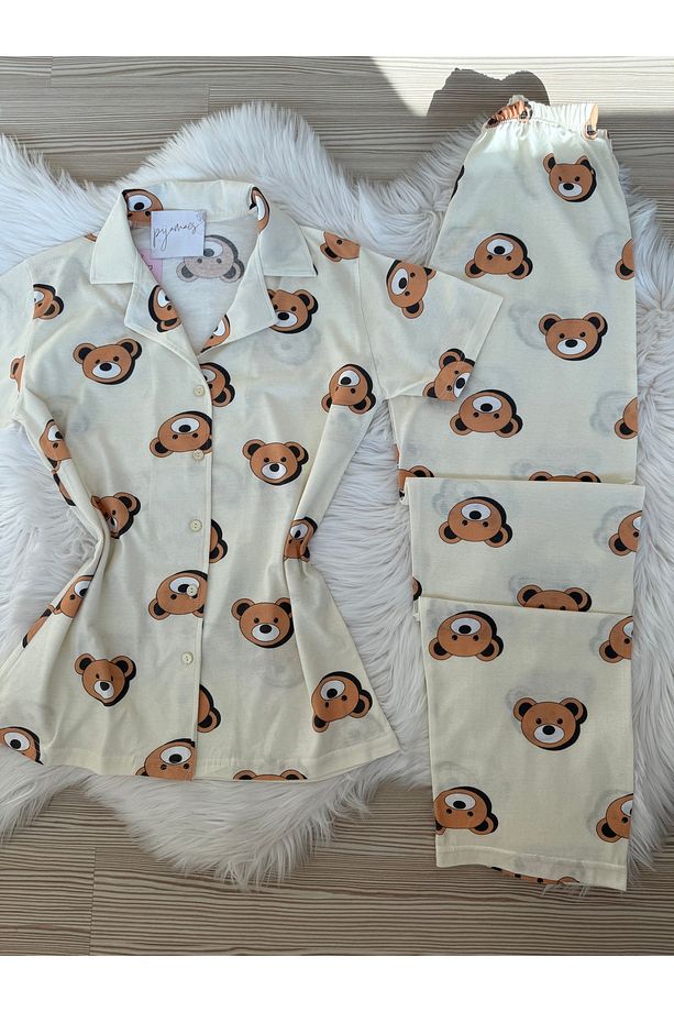 Krem Ayıcık Desenli Pamuklu Kısa Kol Gömlek Yaka Pijama Takımı - 8