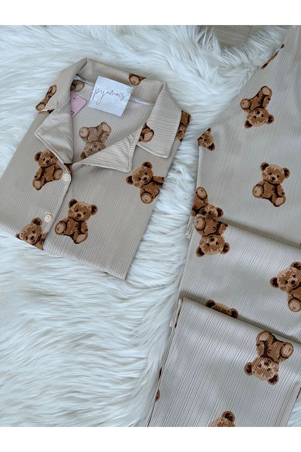 Ekru Ayıcık Desenli Kısa Kol Pegasus Pijama Takımı - 5