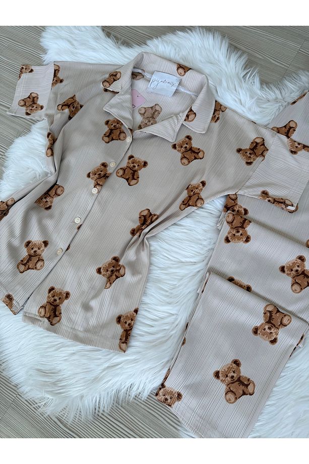 Ekru Ayıcık Desenli Kısa Kol Pegasus Pijama Takımı - 7