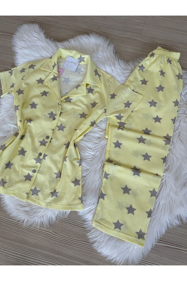 Sarı Yıldız Desenli Pamuklu Kısa Kol Gömlek Yaka Pijama Takımı - 7