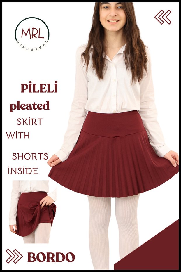 Girls' Pleated Skirt Burgundy High Waist with Inner Shorts Lycra Fabric School-Play-Sports-Event Skirt 4103