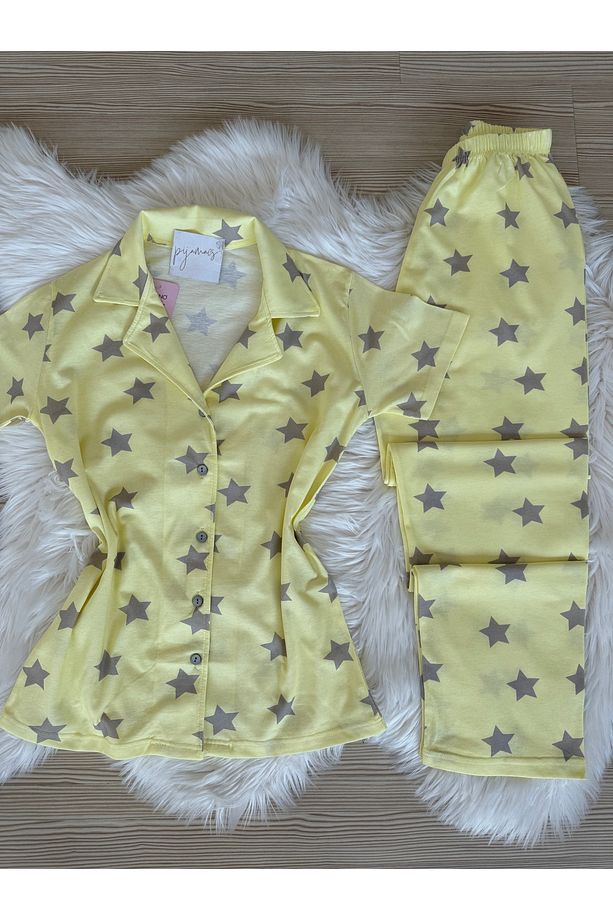 Sarı Yıldız Desenli Pamuklu Kısa Kol Gömlek Yaka Pijama Takımı - 8