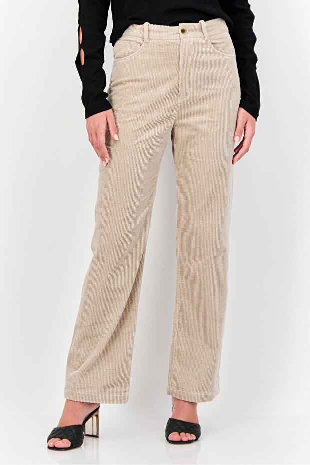 Women Regular Fit Textured Corduroy Pants, Taupe