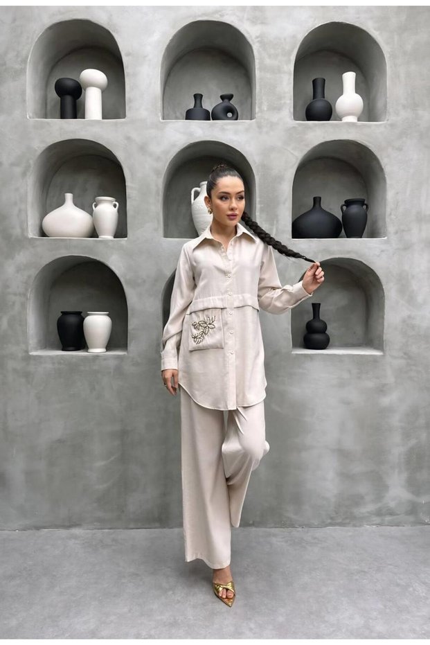 Pearl and Sequin Embellished Pocket Detail Tncl Fabric Premium Quality Two-Piece Suit Hijab Matching Shirt and Pants