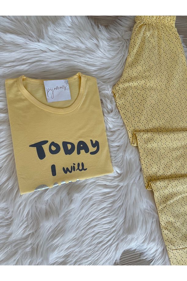 Sarı Puantiye Desenli Pamuklu Kısa Kol Örme Pijama Takımı - 3