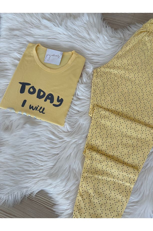 Sarı Puantiye Desenli Pamuklu Kısa Kol Örme Pijama Takımı - 5