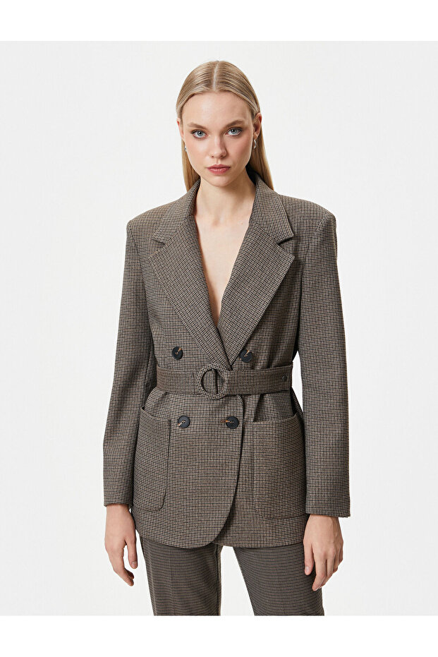 Double Breasted Belted Blazer Jacket - Buttoned Pocket - 3