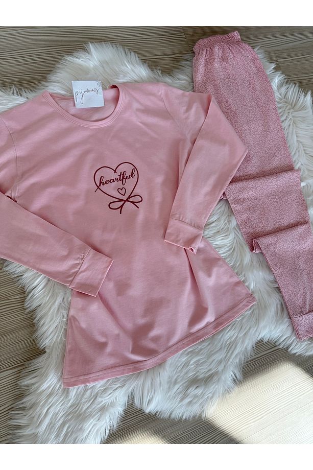 Pembe Mini Kalp Desenli Pamuklu Uzun Kol Örme Pijama Takımı - 6