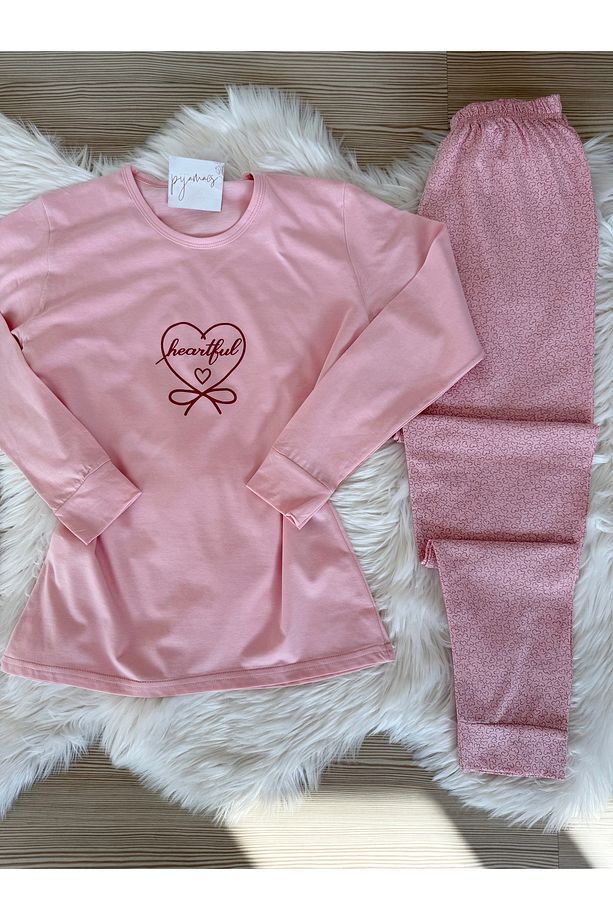 Pembe Mini Kalp Desenli Pamuklu Uzun Kol Örme Pijama Takımı - 8
