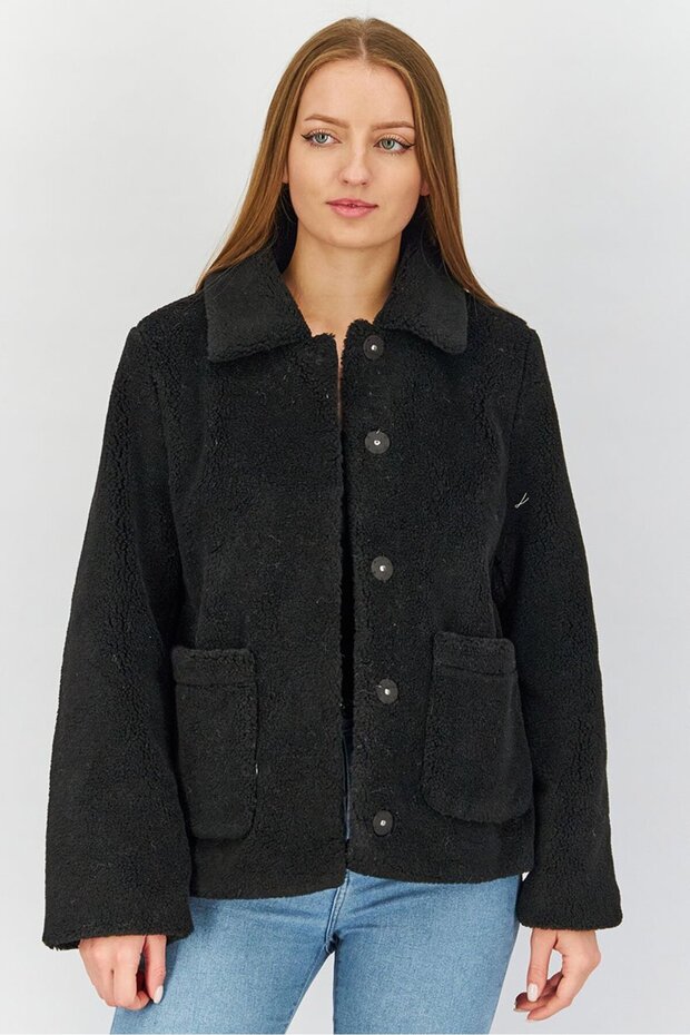 Women Faux Fur Long Sleeve Jacket, Black