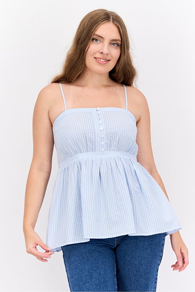 Women Square Neck Sleeveless Stripe Top, Blue