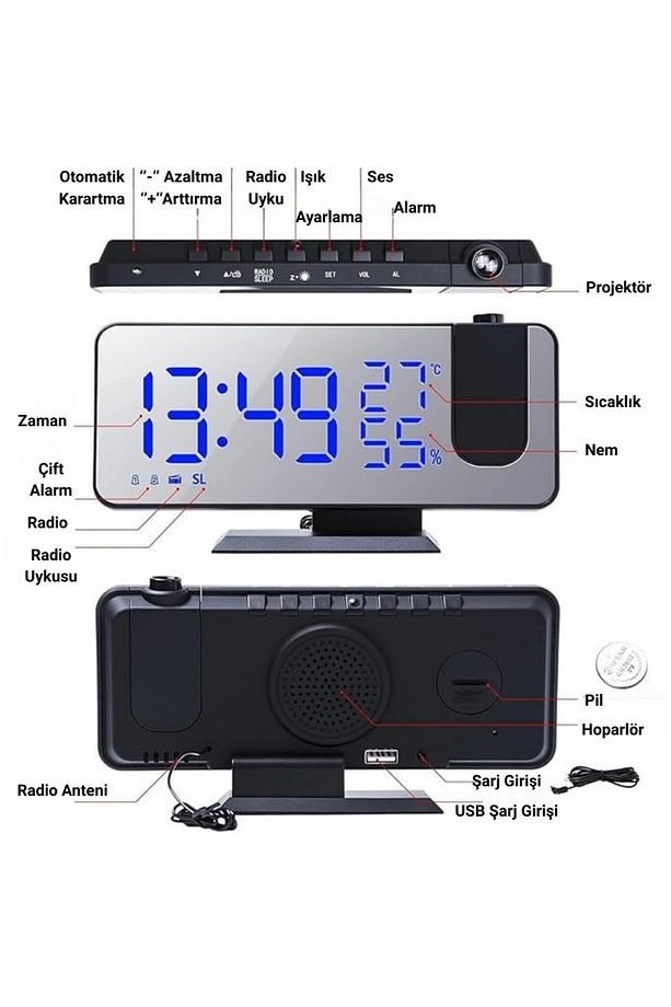 FM Radyolu Projeksiyonlu LED Dijital Masaüstü Alarm Saat Sıcaklık USB Ayna Tasarım - 5