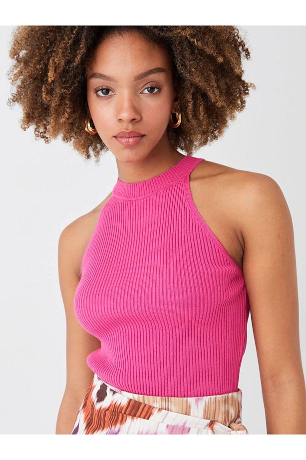 LCW Vision Pembe Kadın Halter Yaka Düz Triko Crop - 1