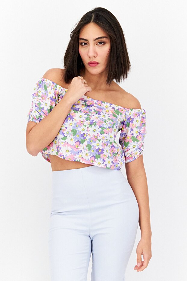 Women Off Shoulder Neckline Short Sleeve Floral Print Top, Purple Combo