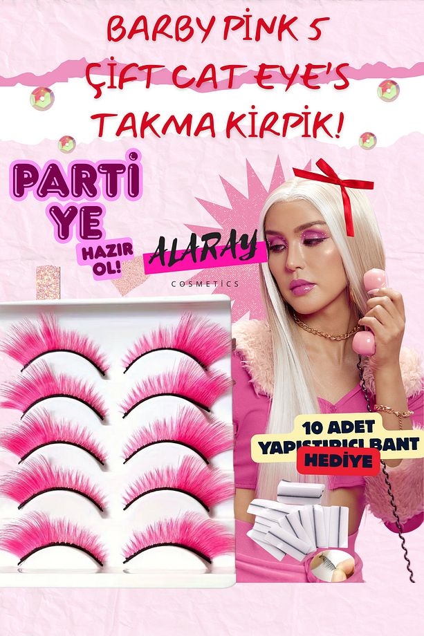 RENKLİ TAKMA KİRPİKLER 5ÇİFT PİNK TAKMA İPEK KİRPİK+10 ADET YAPIŞTIRICI BANT - 1