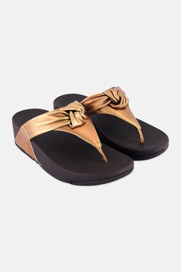 Women Lulu Padded-knot Metallic-leather Toe-post Sandal, Bronze