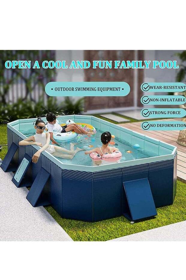 2.6m foldable non-inflatable swimming pool,triangular support,double drain,for family use,blue - 6