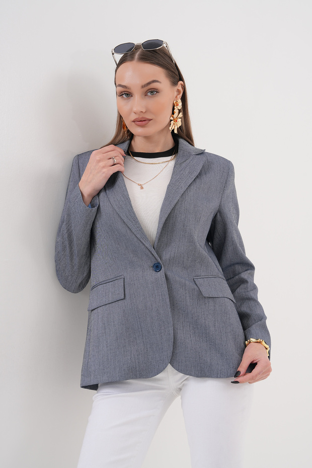 Women's Dark Striped Blue Jacket with Pocket Detail
