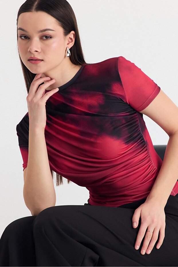 Burgundy Patterned Gathered Sandy Blouse 12303 - 7