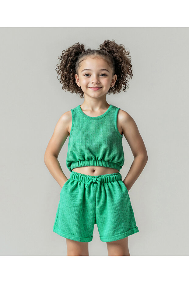 Primo Gino Woven Sleeveless Textured Solid Top & Shorts Co-ord Set - Green