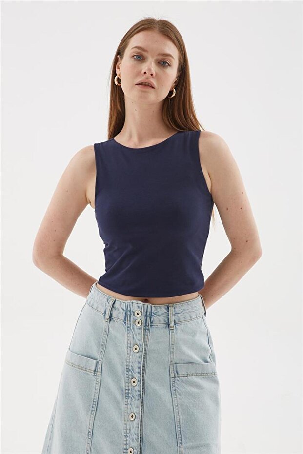 Sleeveless Crop Blouse Navy Blue