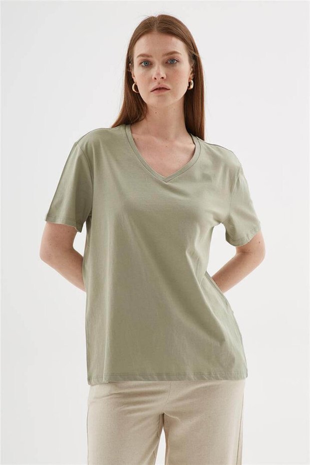 V-Neck 100% Cotton T-Shirt Khaki