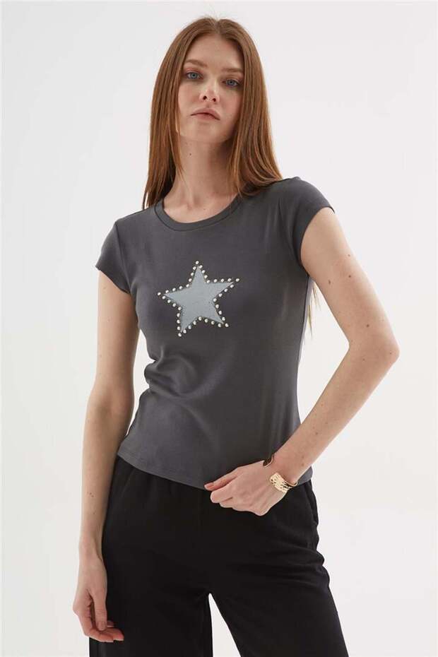 Studded Detailed Printed 100% Cotton T-Shirt Anthracite