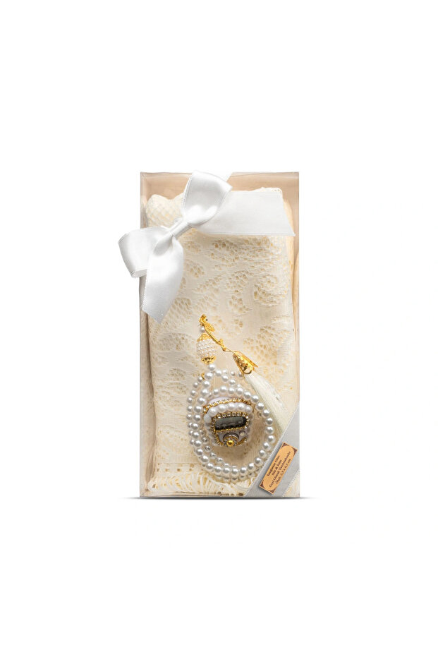 Rosary + Lacy Shawl + Zikirmatik Gift Set (Kraft Acetate Box, Cream)