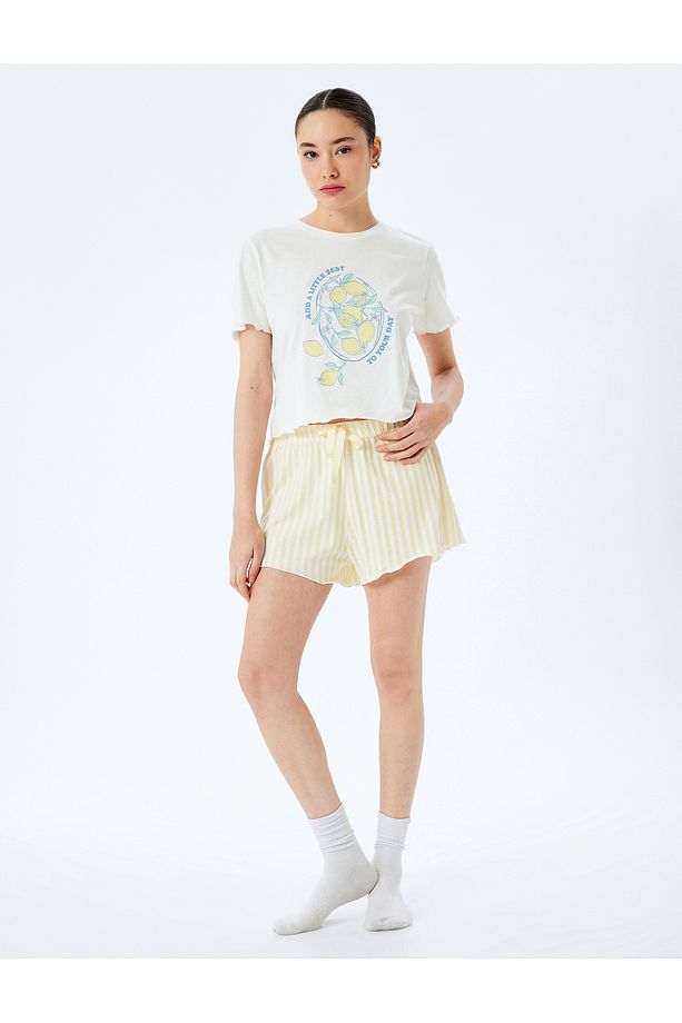 Pamuklu Limon Baskılı Kısa Kollu Şortlu Örme Pijama Takımı - 1