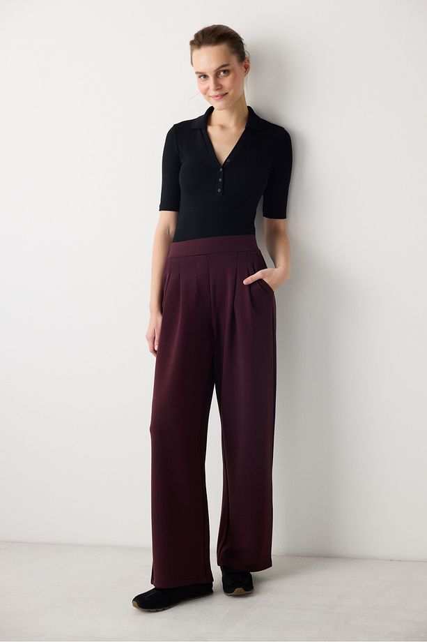 Koyu Mürdüm Yüksek Bel Pile Straight Pantolon - 1