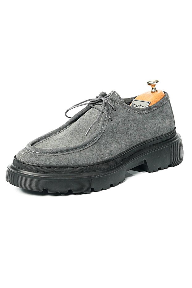 Men's Gray Thick Sole Genuine Leather Casual Shoes - Alviso Longo Model