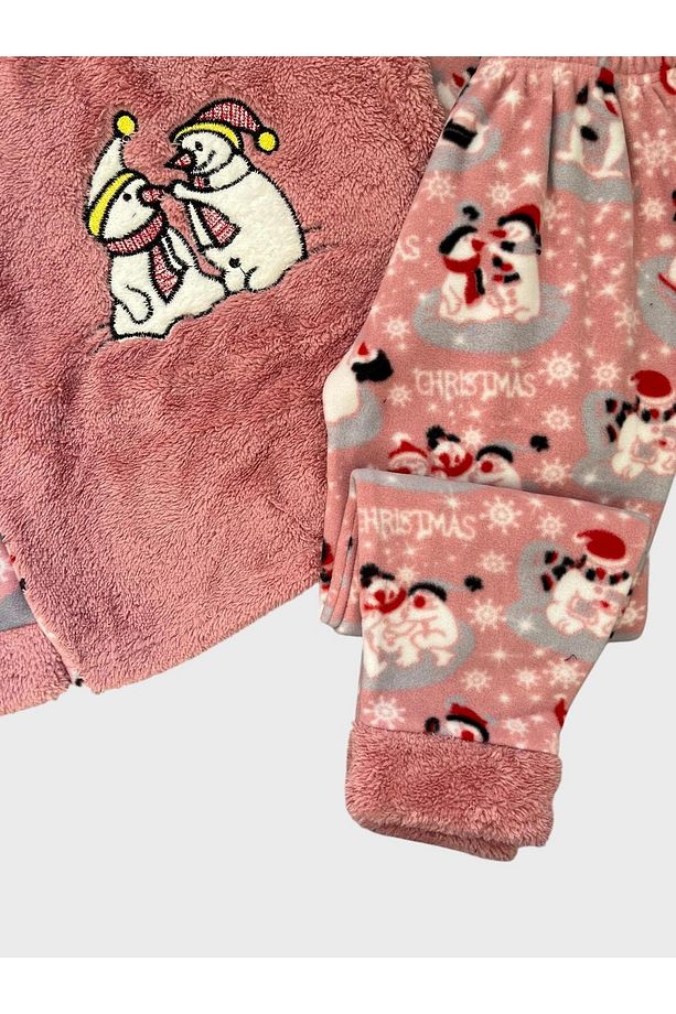 Kız Çocuk Pembe Kardan Adamlar Altı Gece Temalı Desenli Uzun Kollu Kışlık Polar Pijama Takımı - 3