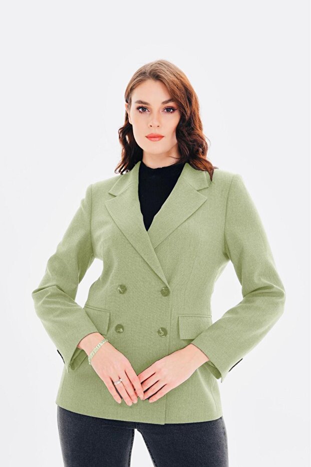 Women's Button Detailed Linen Blend Khaki Jacket