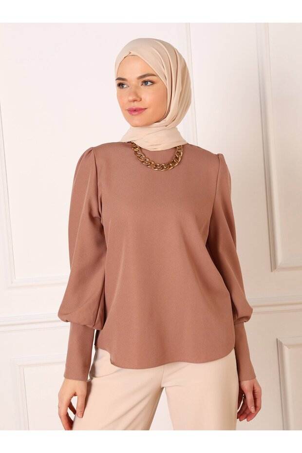 Balloon Sleeve Button Detailed Stylish Blouse - Soil- Refka