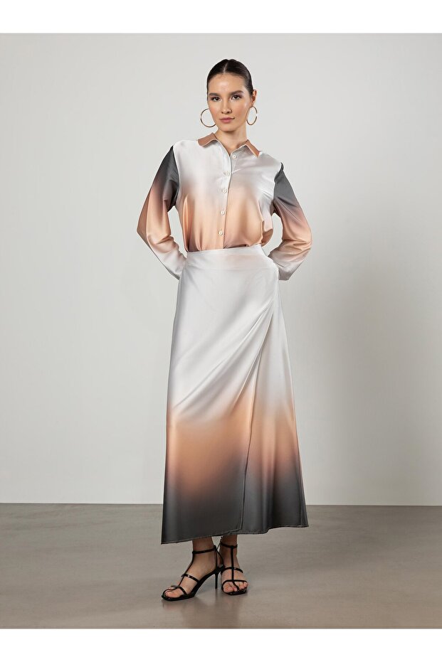 Gradient Patterned Satin Skirt with Tie Detail - Gradient Patterned - Refka