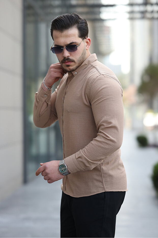 قميص رجالي فضفاض بأكمام طويلة مصنوع من القطن بنسبة 100% من نسيج Tan Basic