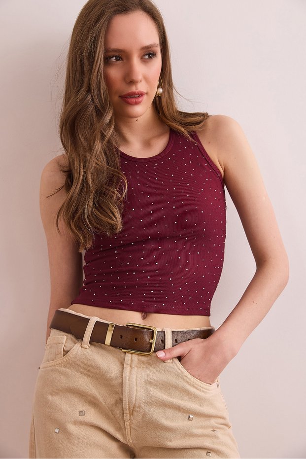 Women's Burgundy Print Stone Slim Corded Crop Blouse Blz- 19002922