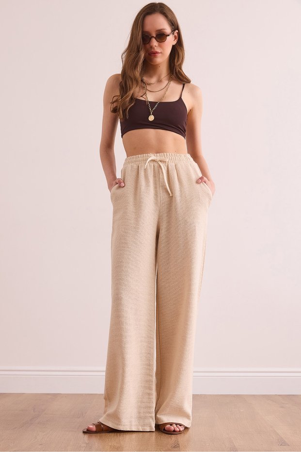 Women's Stone Waist Elastic Pocket Etamine Trousers Pnt- 19000326