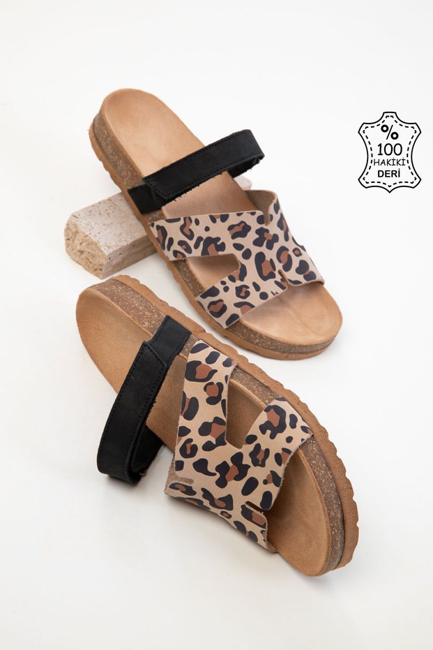 Beige Lepaor-Black Genuine Leather Women's Slippers 20525