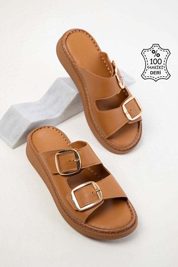 Tan Genuine Leather Women's Slippers 20521