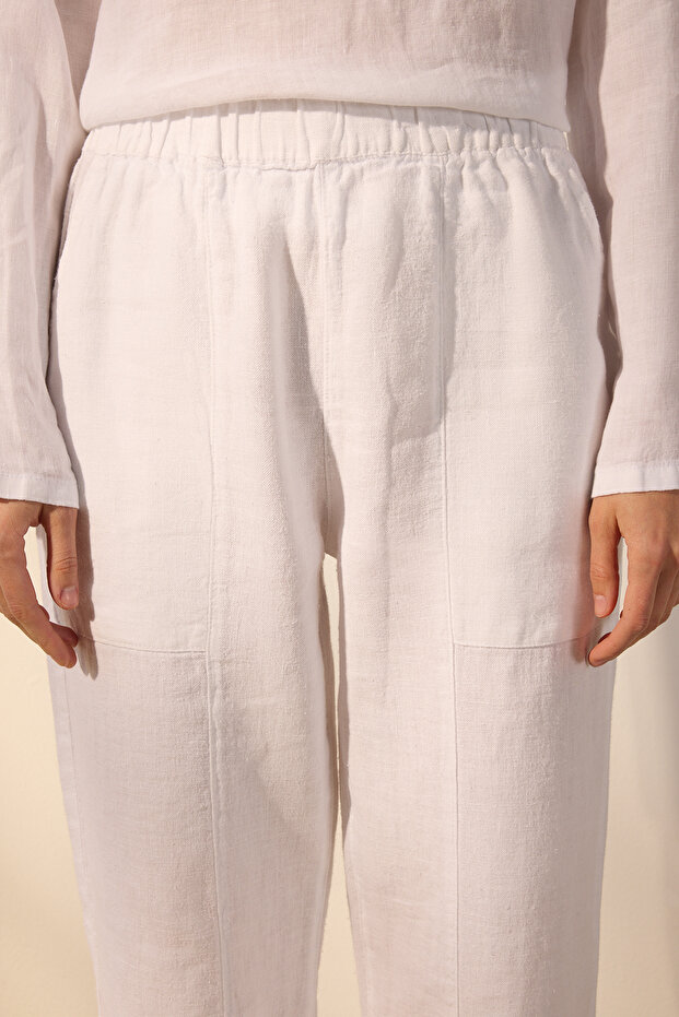 Beyaz %100 Keten Cep Detaylı Yüksek Bel Wide Leg Pantolon TWOSS24JE00247 - 3