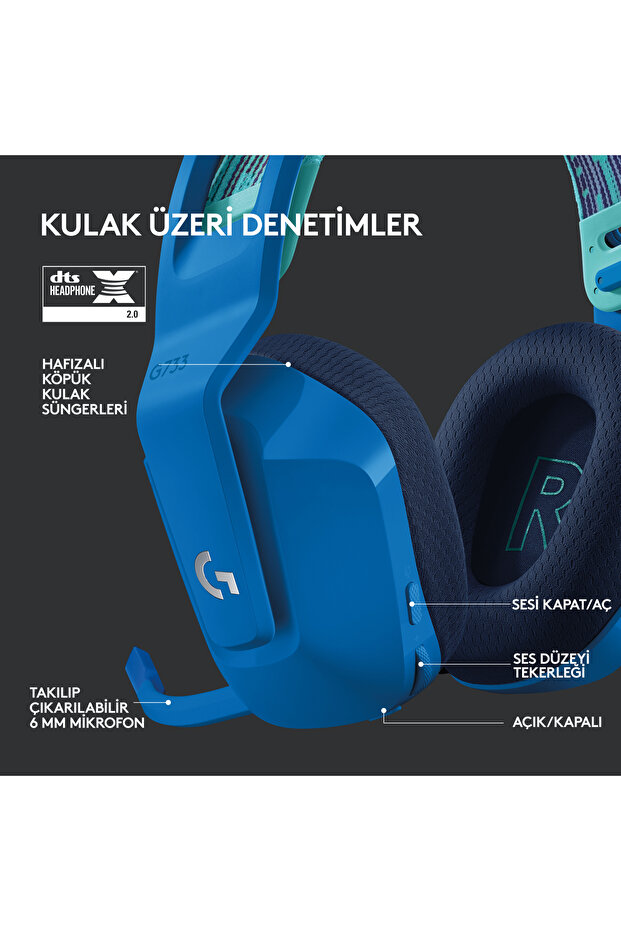 G G733 LIGHTSPEED RGB Kablosuz 7.1 Surround Ses Oyuncu Kulaklığı - Mavi - 5