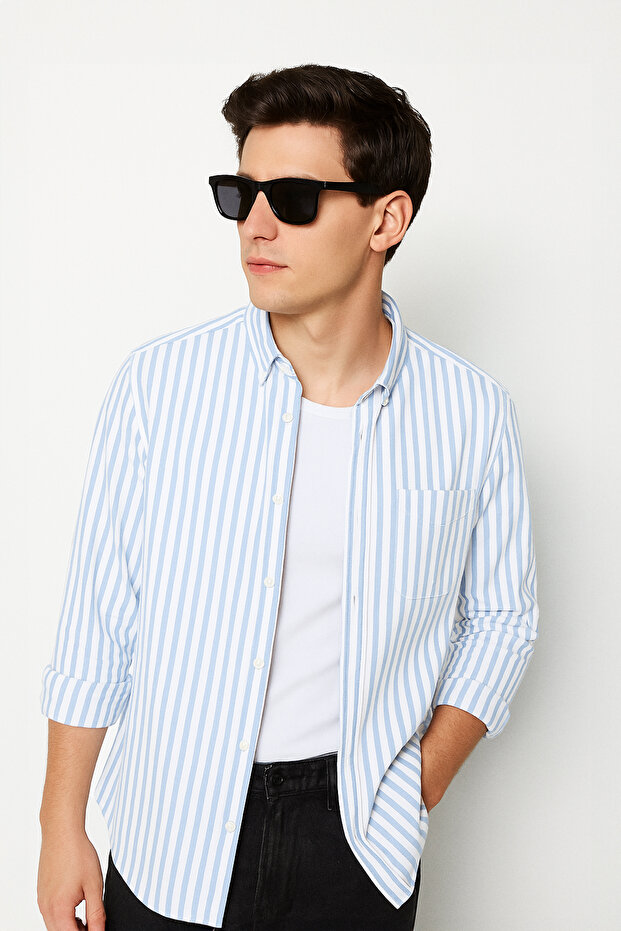 Gri-Mavi Regular Fit Çizgili Oxford Kolay Ütülenebilir Erkek Gömlek TMNSS25GO00078 - 1