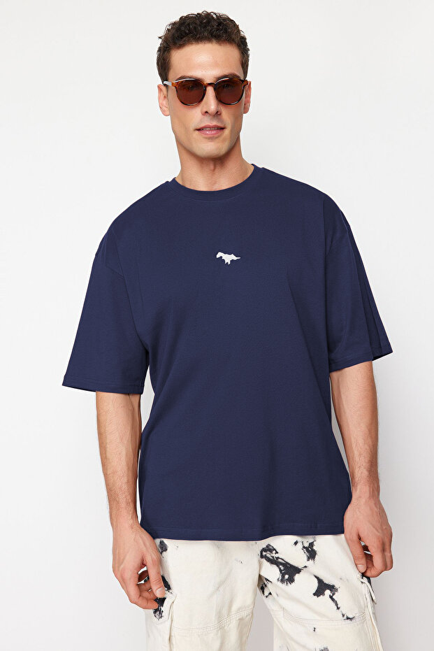 Indigo Oversize/Geniş Kesim Kısa Kol Dinozor Nakışlı %100 Pamuklu T-Shirt TMNSS23TS00243 - 1