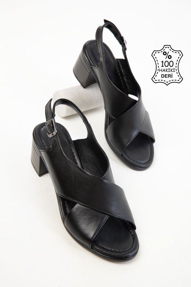Black Genuine Leather Women's Classic Heeled Shoes 20546