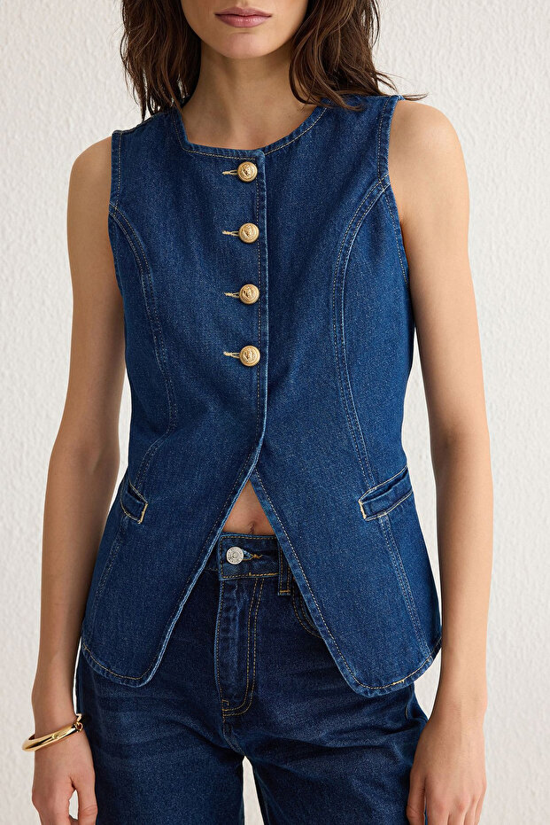 More Sustainable Koyu Mavi Gold Düğmeli Dikiş Detaylı Denim Yelek TWOSS25YE00001 - 3