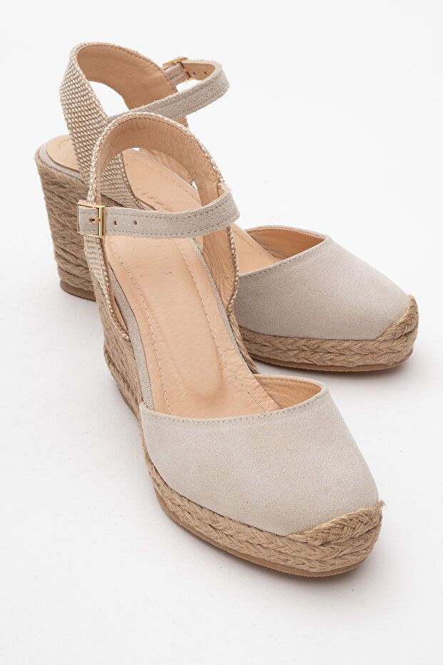 Si̇nta Beige Suede Leather Women's Wedge Heel Sandals