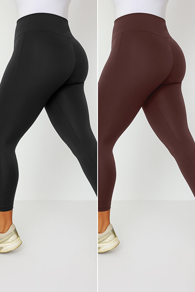 Black-Brown 2-Pack High-Waist Knitted Plus Size Leggings TBBSS22TA0057